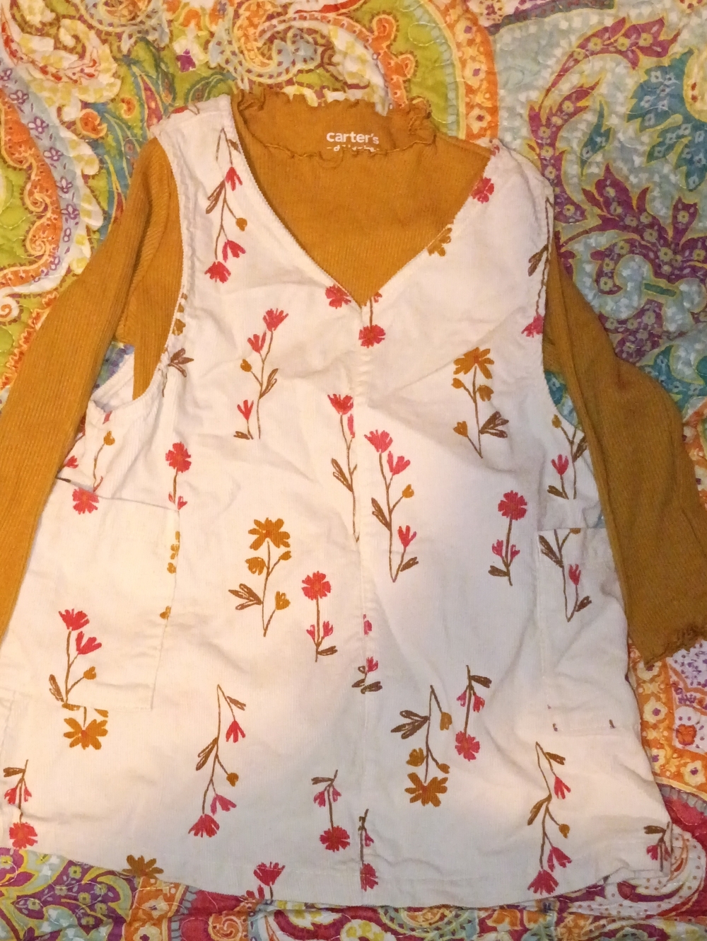 Carter's Mustard Ribbed Top with Cream Floral Pinafore Set